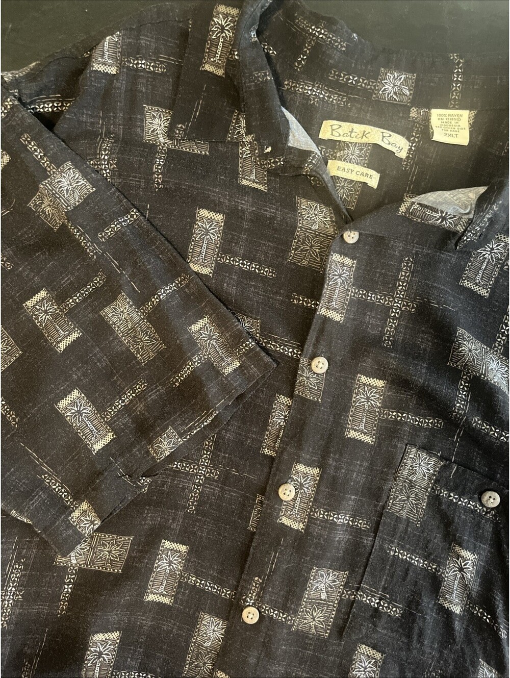 Batik Bay Mens Black Palm Tree Flower Short Sleeve Hawaiian Button Up XXLT Tall